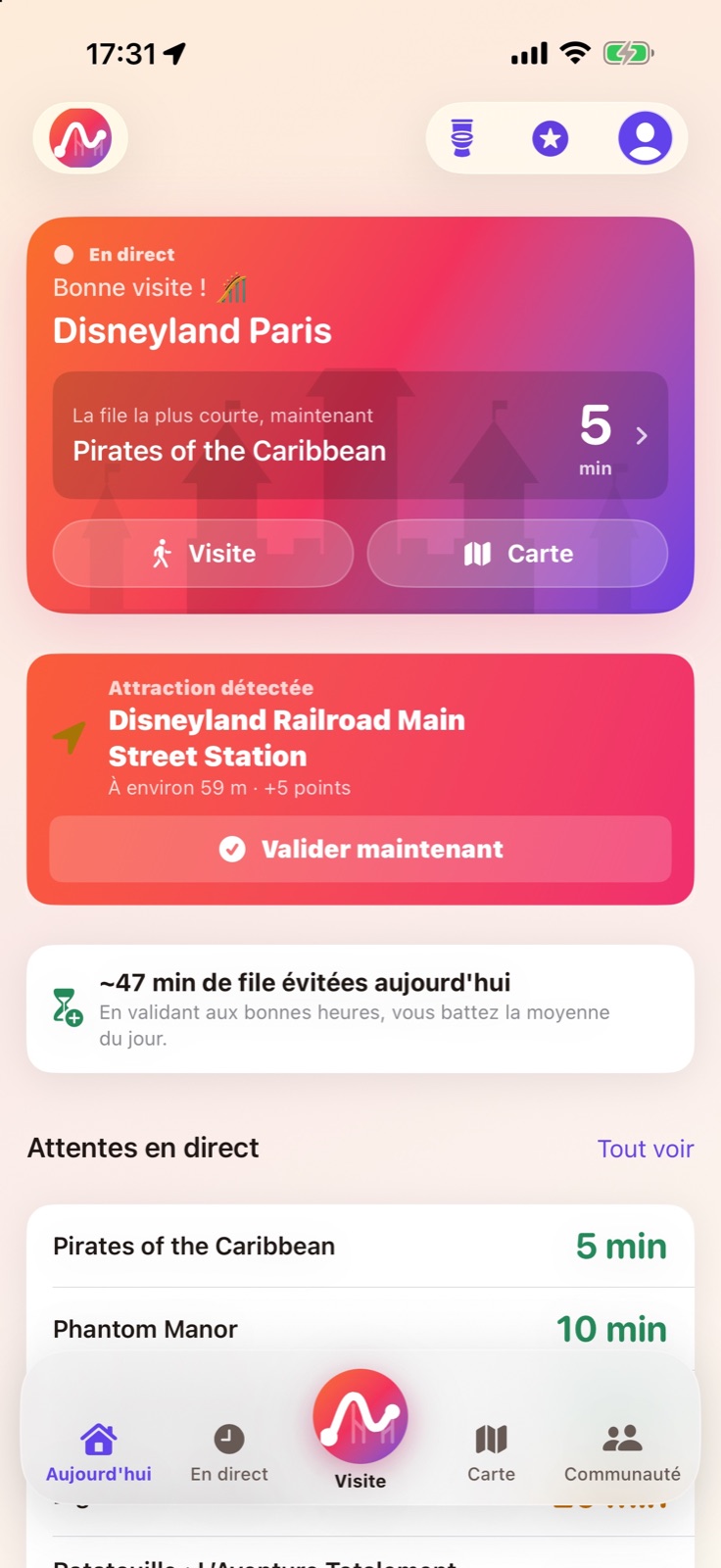 Accueil BetterCoaster avec les attentes à Disneyland Paris